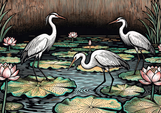 Japanese herons, Zen pond