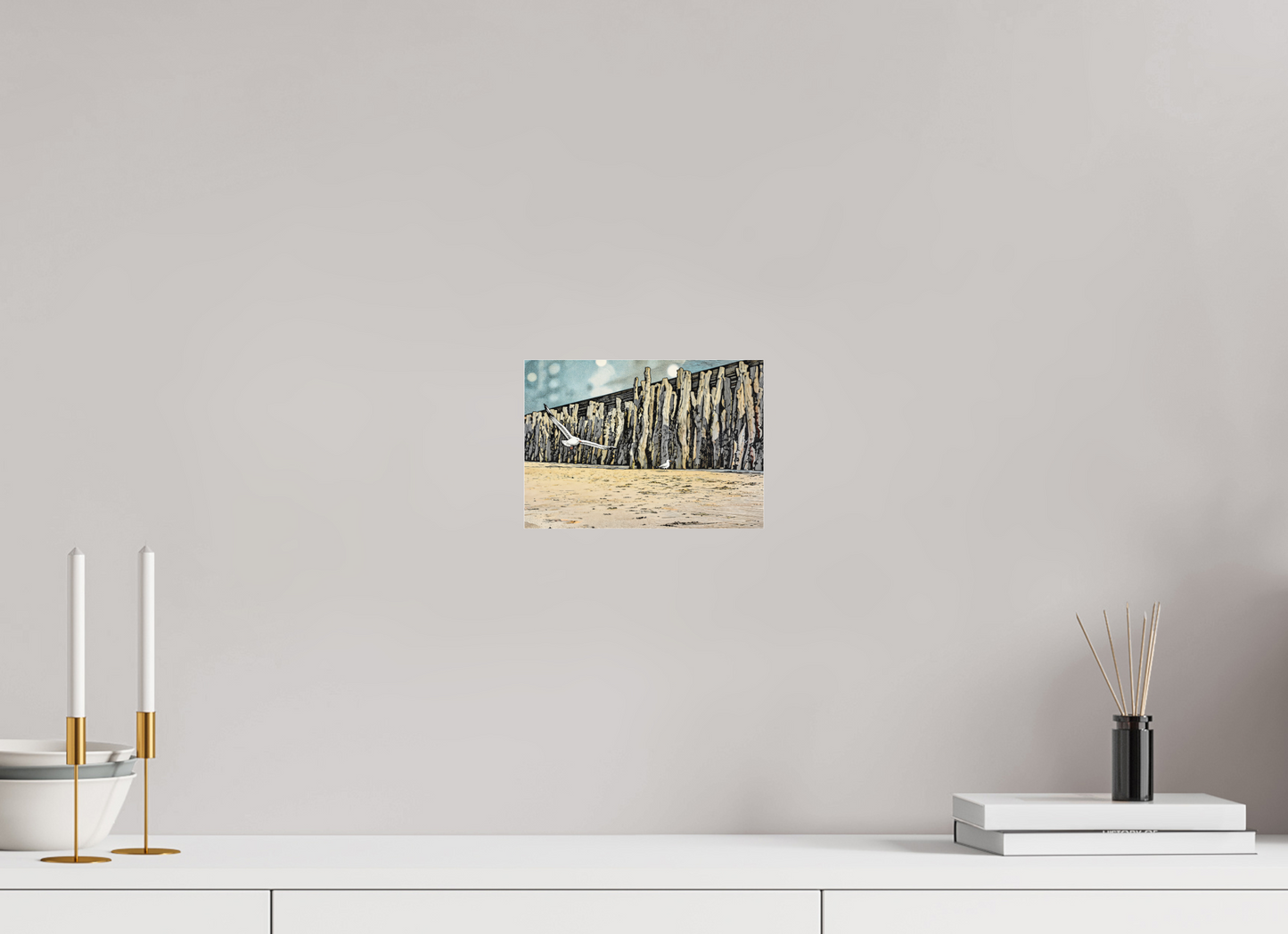 ISO A5 (21 x 14,8 cm), Photo Print Under Acrylic Glass Seaside Seagulls and Driftwood Barrier