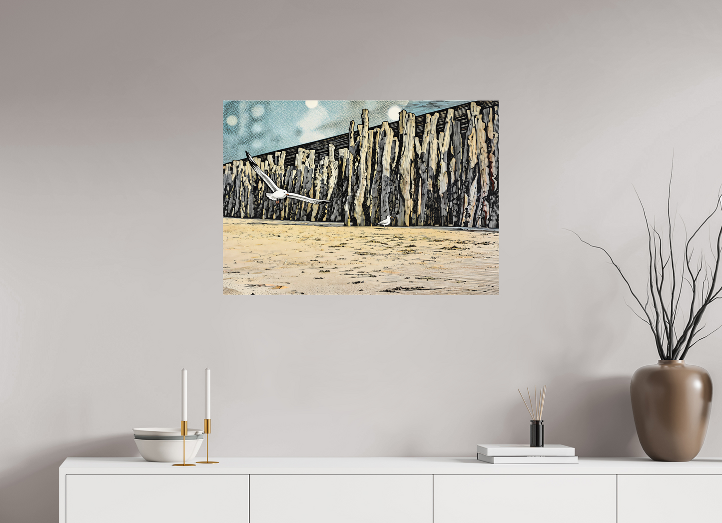 ISO A1 (84,1 x 59,4 cm), Photo Print Under Acrylic Glass Seaside Seagulls and Driftwood Barrier