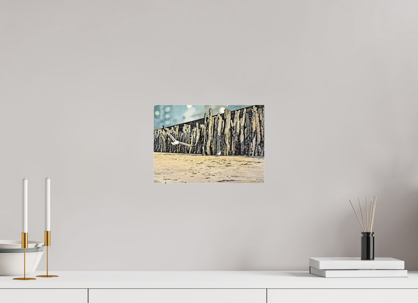 ISO A4 (29,7 x 21 cm), Photo Print Under Acrylic Glass Seaside Seagulls and Driftwood Barrier