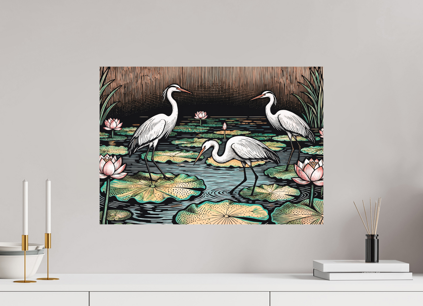 ISO A2 (59,4 x 42 cm), Alu Dibond Japanese herons, Zen pond ✓