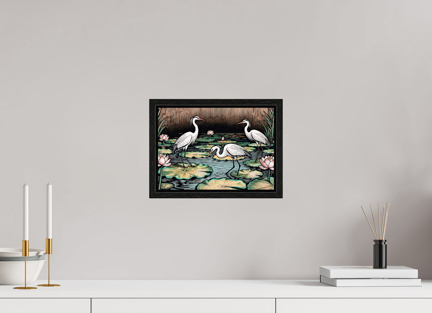 ISO A4 (29,7 x 21 cm), Floater Frame Japanese herons, Zen pond ✓