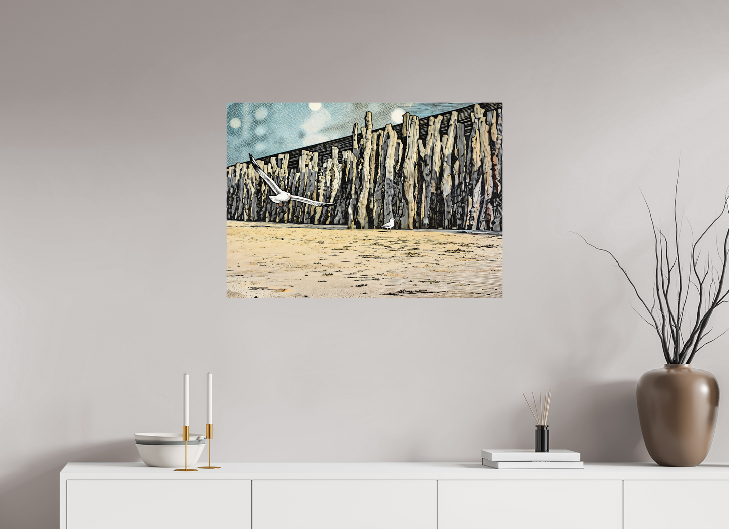 ISO A1 (84,1 x 59,4 cm), Photo Print On Fuji Crystal DP II Seaside Seagulls and Driftwood Barrier