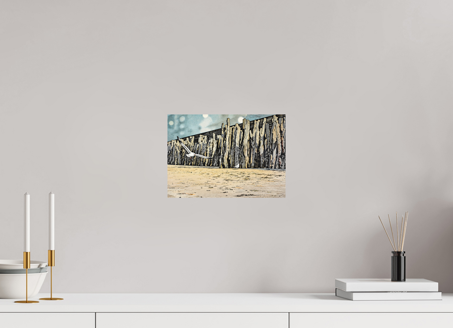 ISO A4 (29,7 x 21 cm), Photo Print On Fuji Crystal DP II Seaside Seagulls and Driftwood Barrier