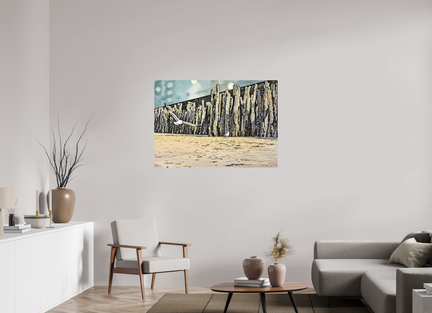 ISO A0 (118,9 x 84,1 cm), Alu Dibond Seaside Seagulls and Driftwood Barrier