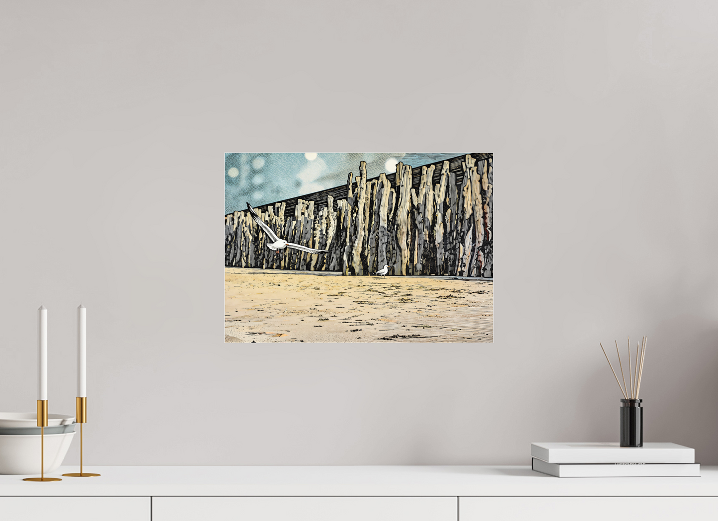 ISO A3 (42 x 29,7 cm), Photo Print Under Acrylic Glass Seaside Seagulls and Driftwood Barrier