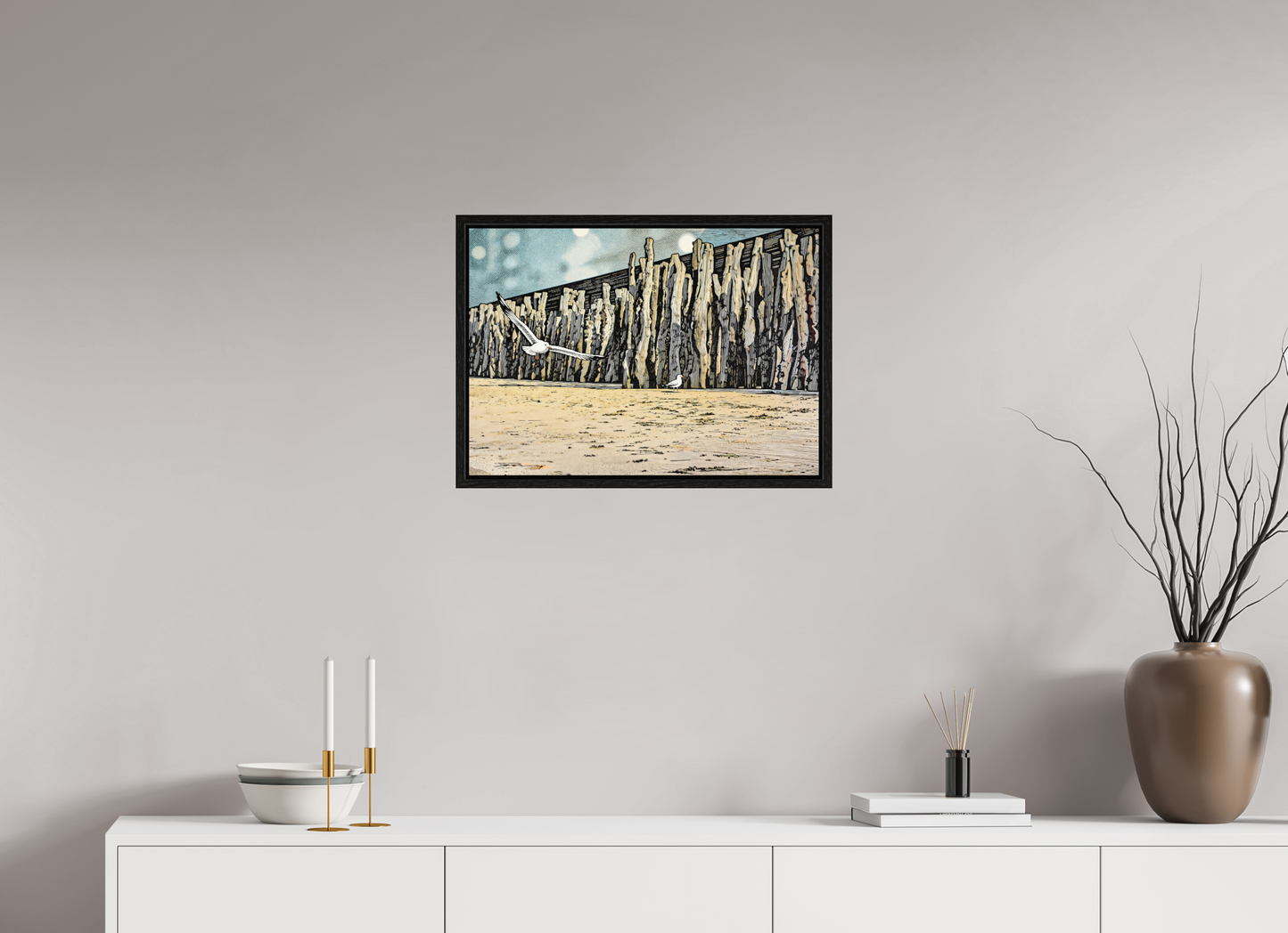 ISO A2 (59,4 x 42 cm), Floater Frame Seaside Seagulls and Driftwood Barrier