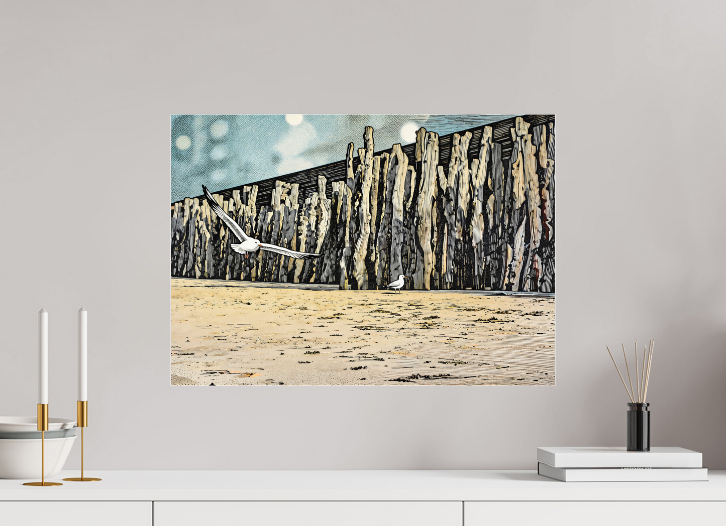 ISO A2 (59,4 x 42 cm), Photo Print Under Acrylic Glass Seaside Seagulls and Driftwood Barrier