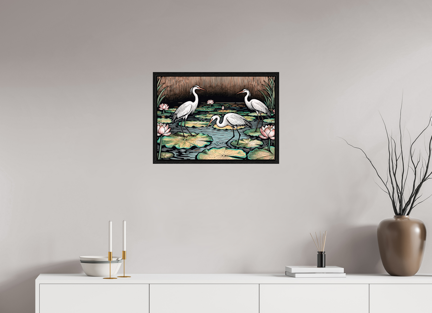 ISO A2 (59,4 x 42 cm), Floater Frame Japanese herons, Zen pond ✓