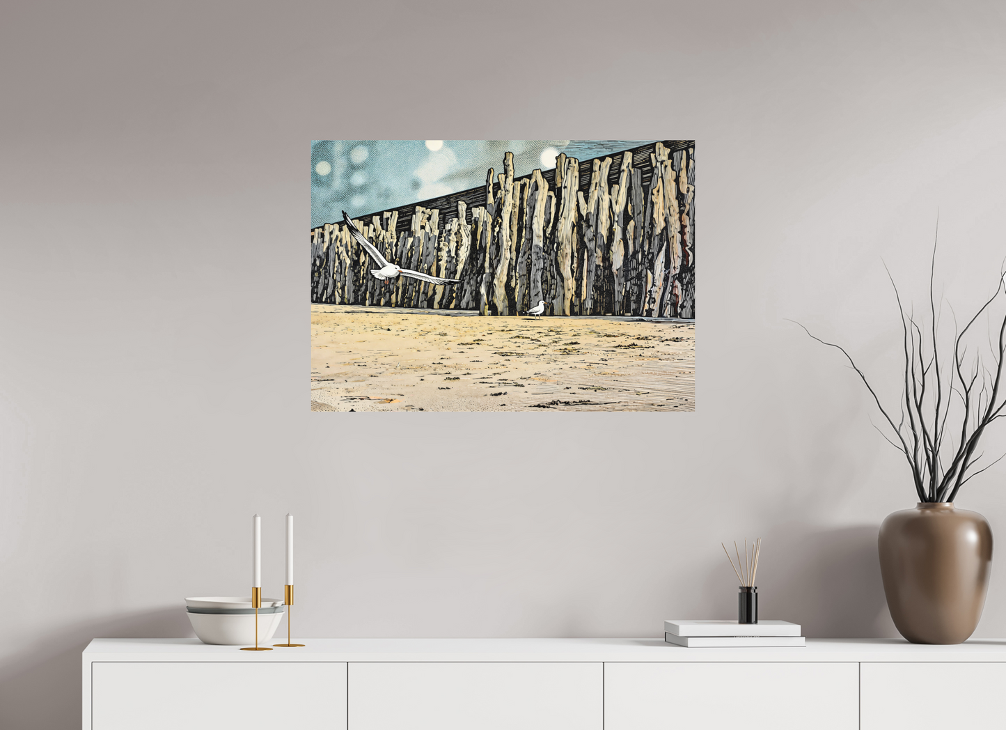 ISO A1 (84,1 x 59,4 cm), Alu Dibond Seaside Seagulls and Driftwood Barrier