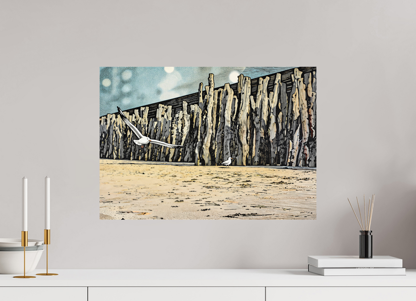 ISO A2 (59,4 x 42 cm), Photo Print On Fuji Crystal DP II Seaside Seagulls and Driftwood Barrier