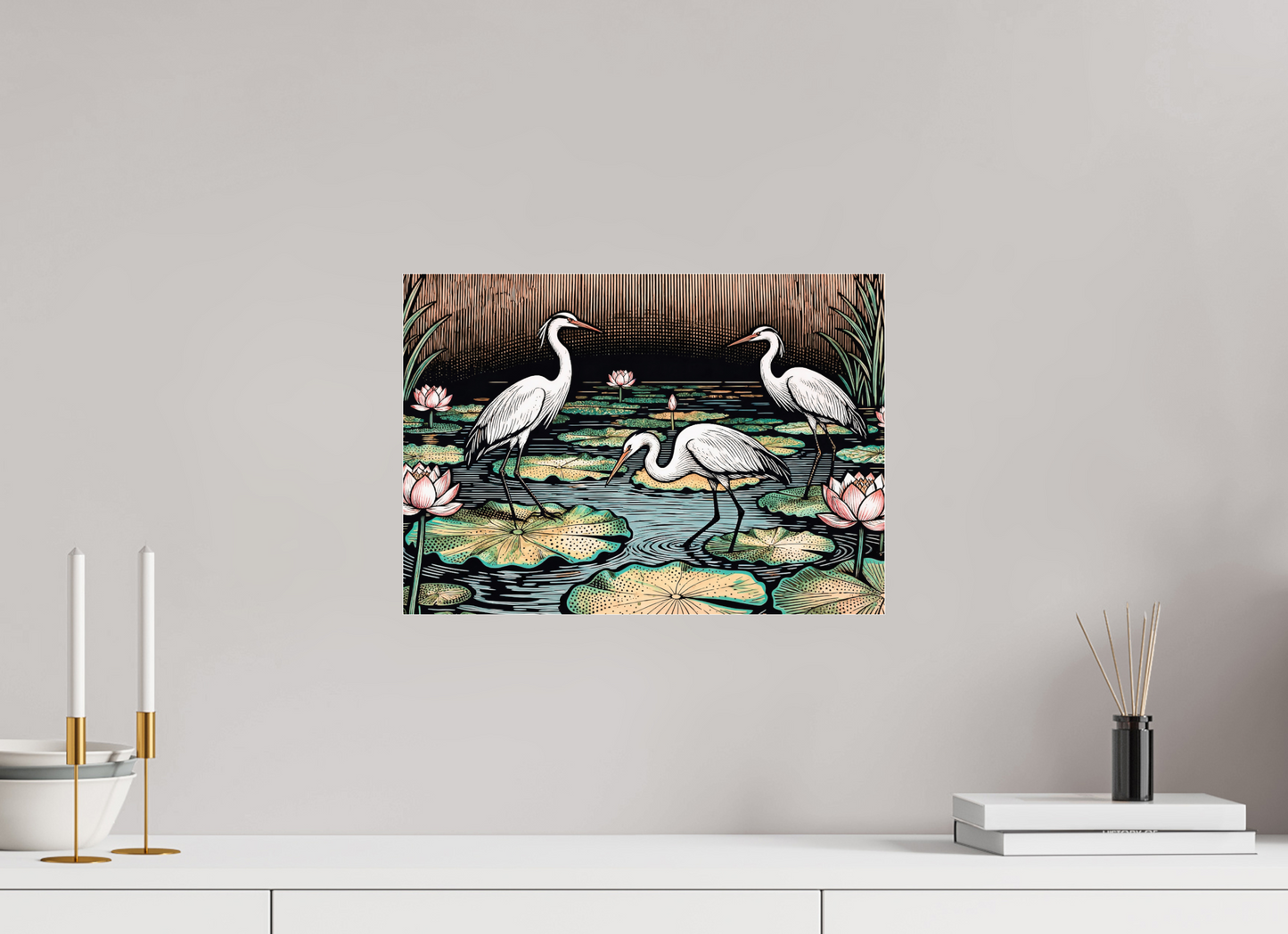 ISO A3 (42 x 29,7 cm), Photo Print Under Acrylic Glass Japanese herons, Zen pond ✓