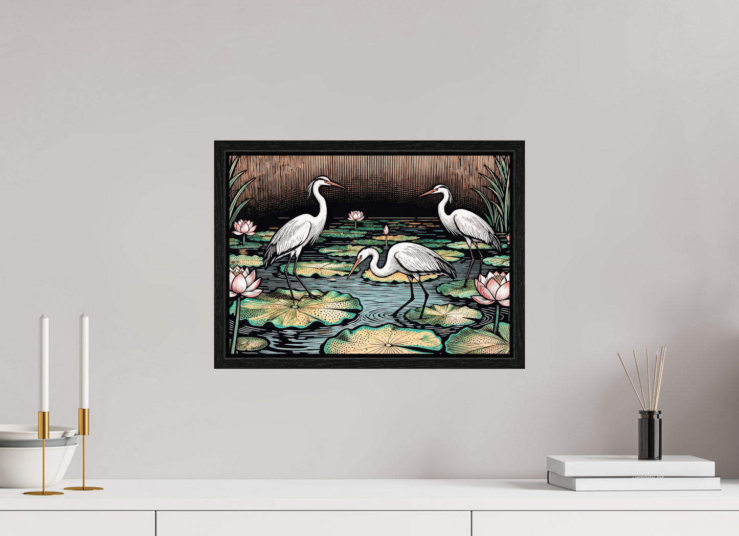 ISO A3 (42 x 29,7 cm), Floater Frame Japanese herons, Zen pond ✓