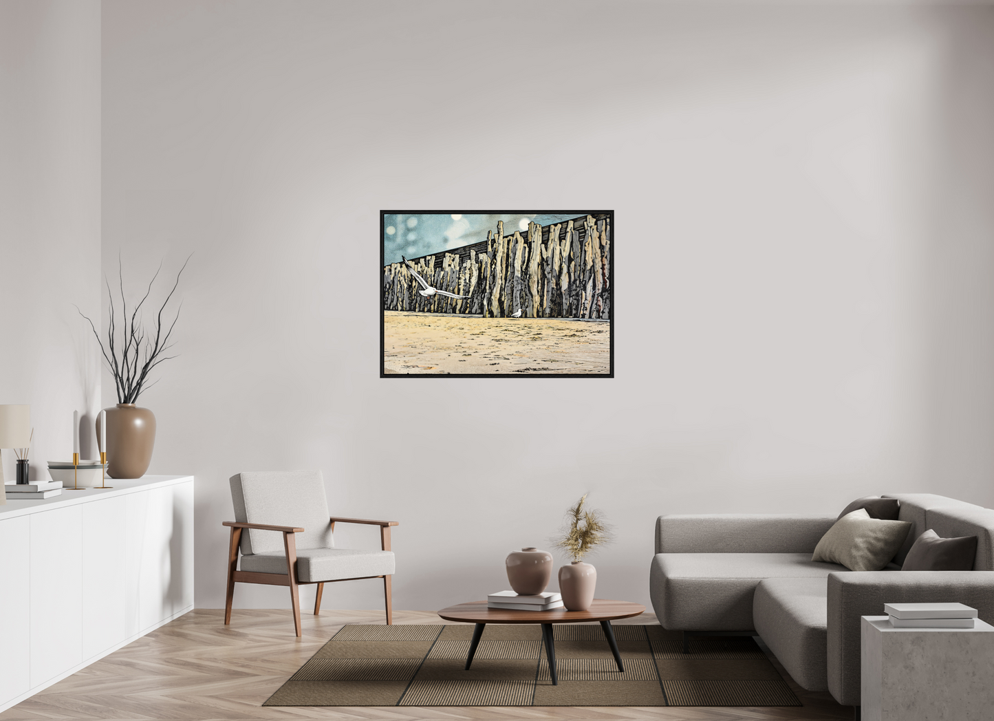 ISO A0 (118,9 x 84,1 cm), Floater Frame Seaside Seagulls and Driftwood Barrier
