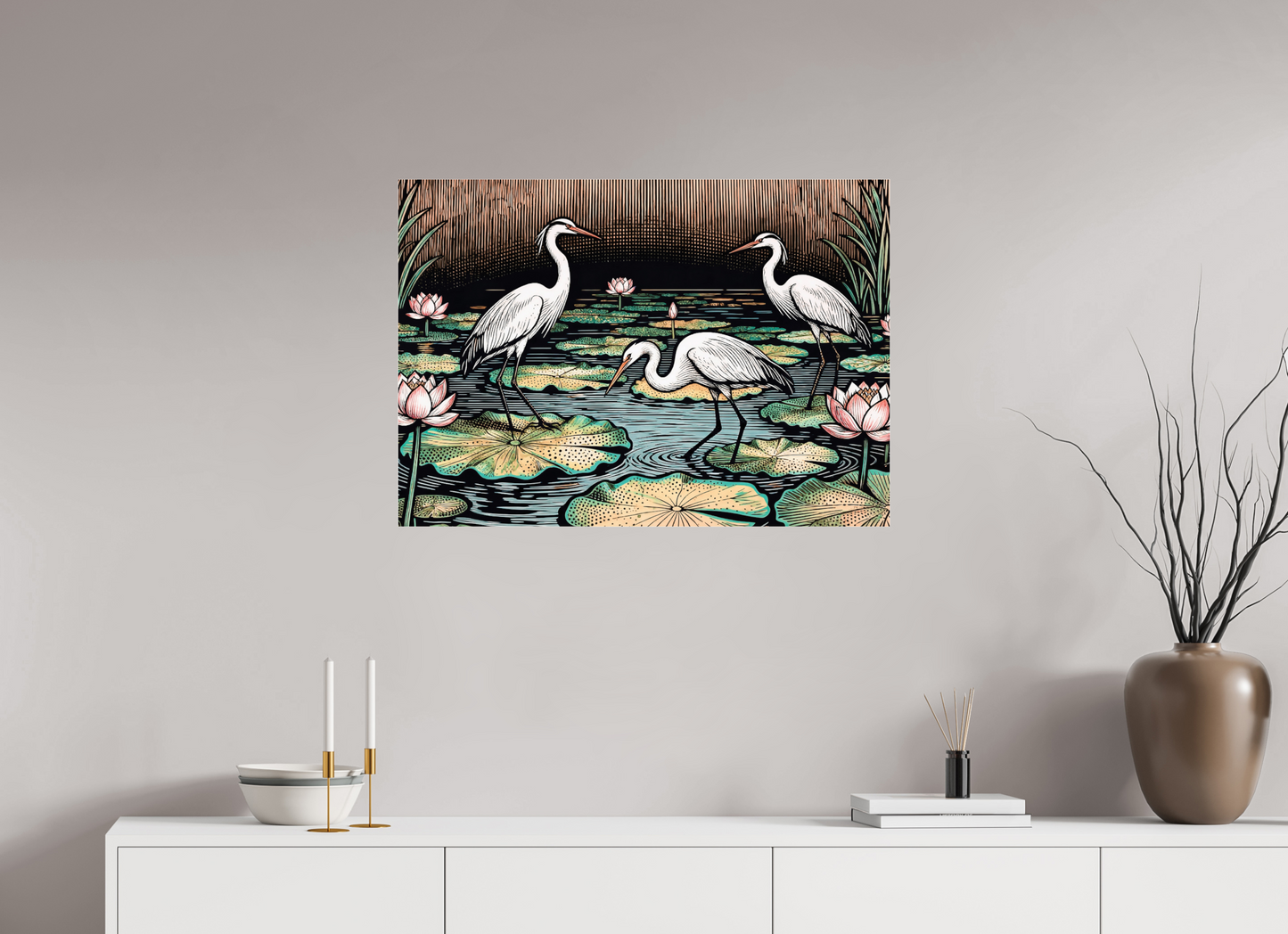 ISO A1 (84,1 x 59,4 cm), Photo Print Under Acrylic Glass Japanese herons, Zen pond ✓