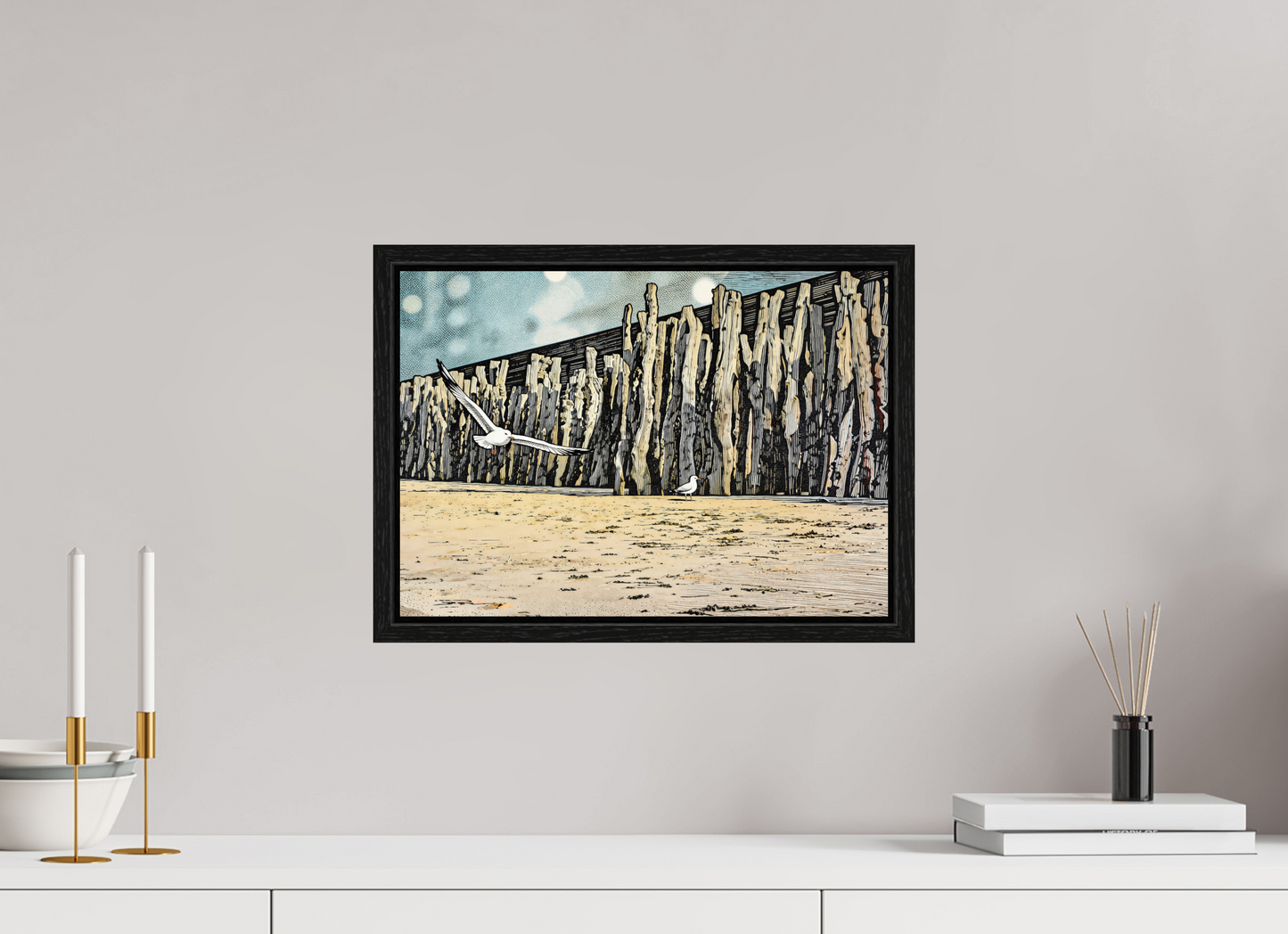 ISO A3 (42 x 29,7 cm), Floater Frame Seaside Seagulls and Driftwood Barrier