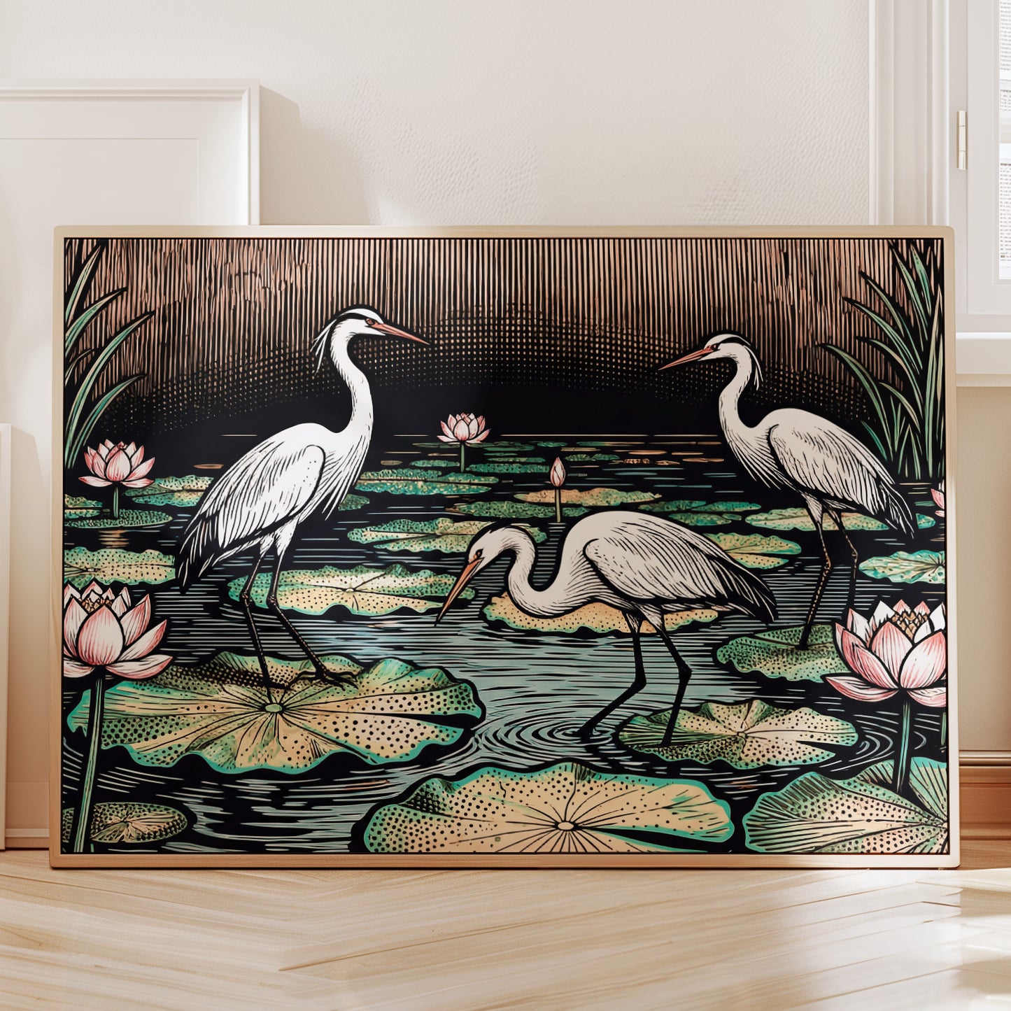 Japanese herons, Zen pond