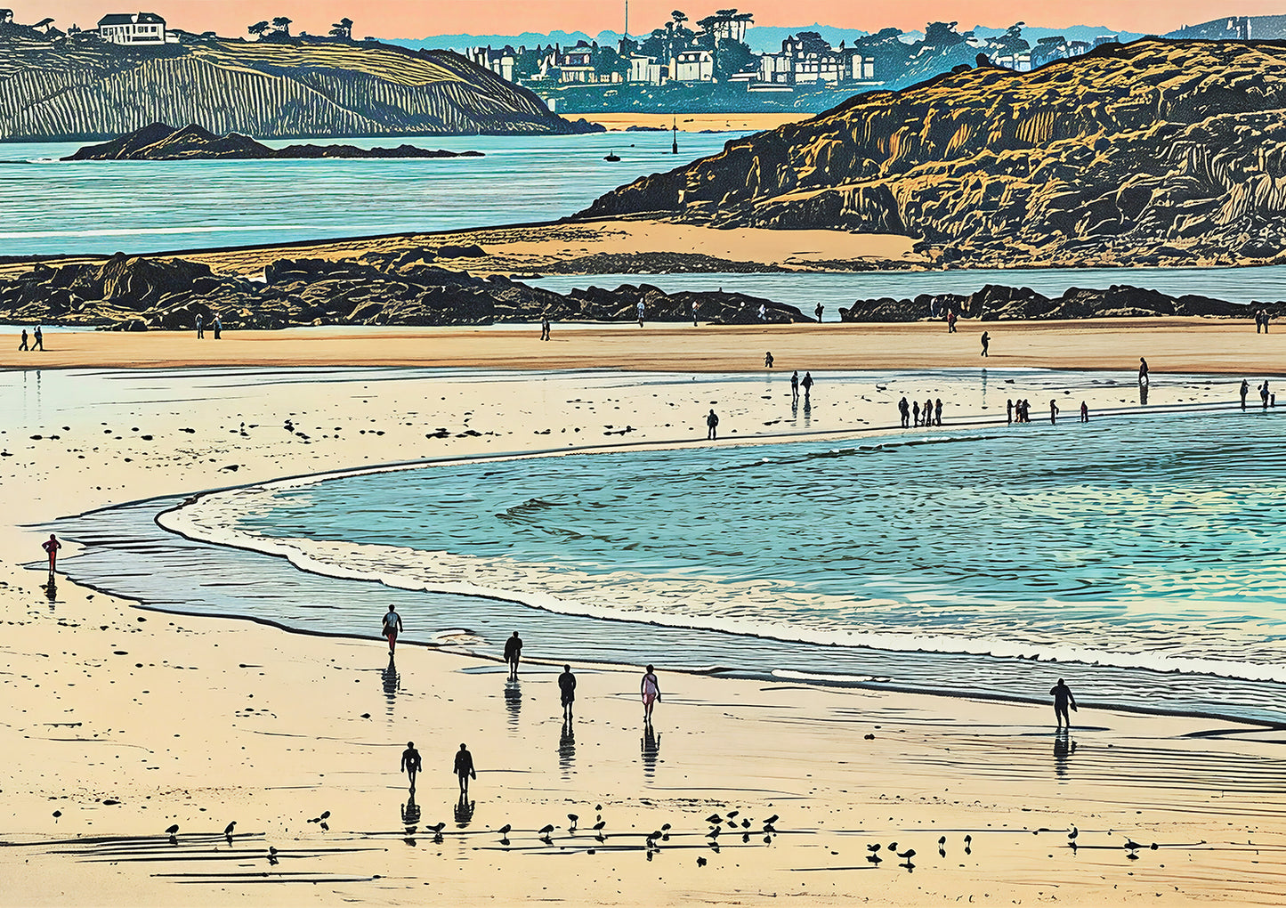 Beach at Dusk, Shoreline Walkers