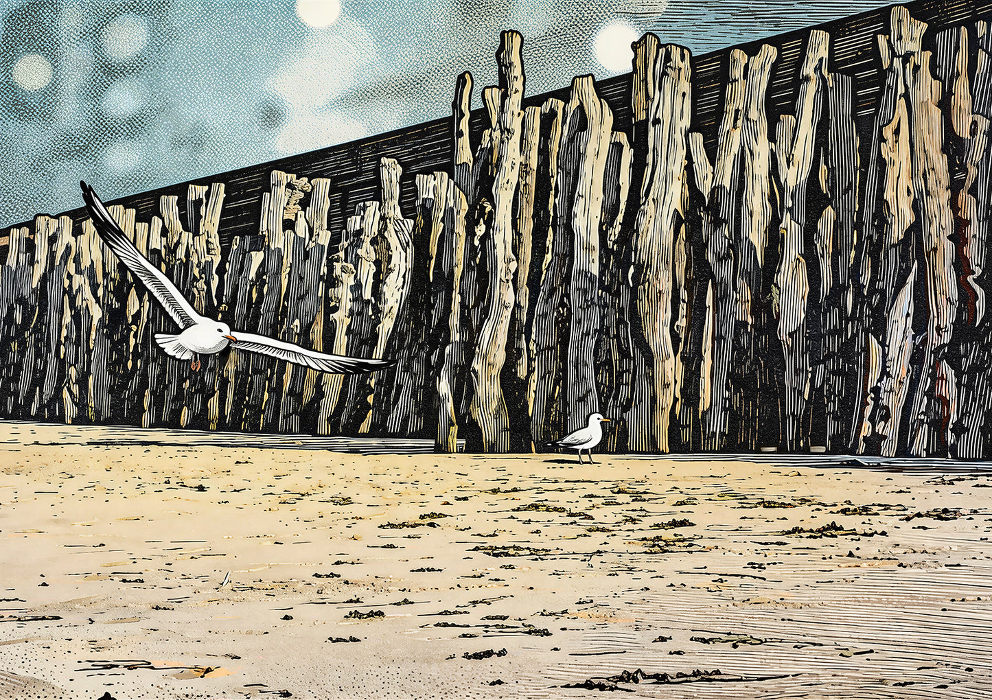 Seaside Seagulls, Driftwood Barrier