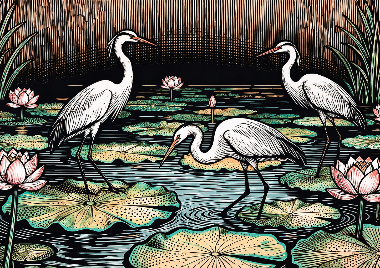 Japanese herons, Zen pond