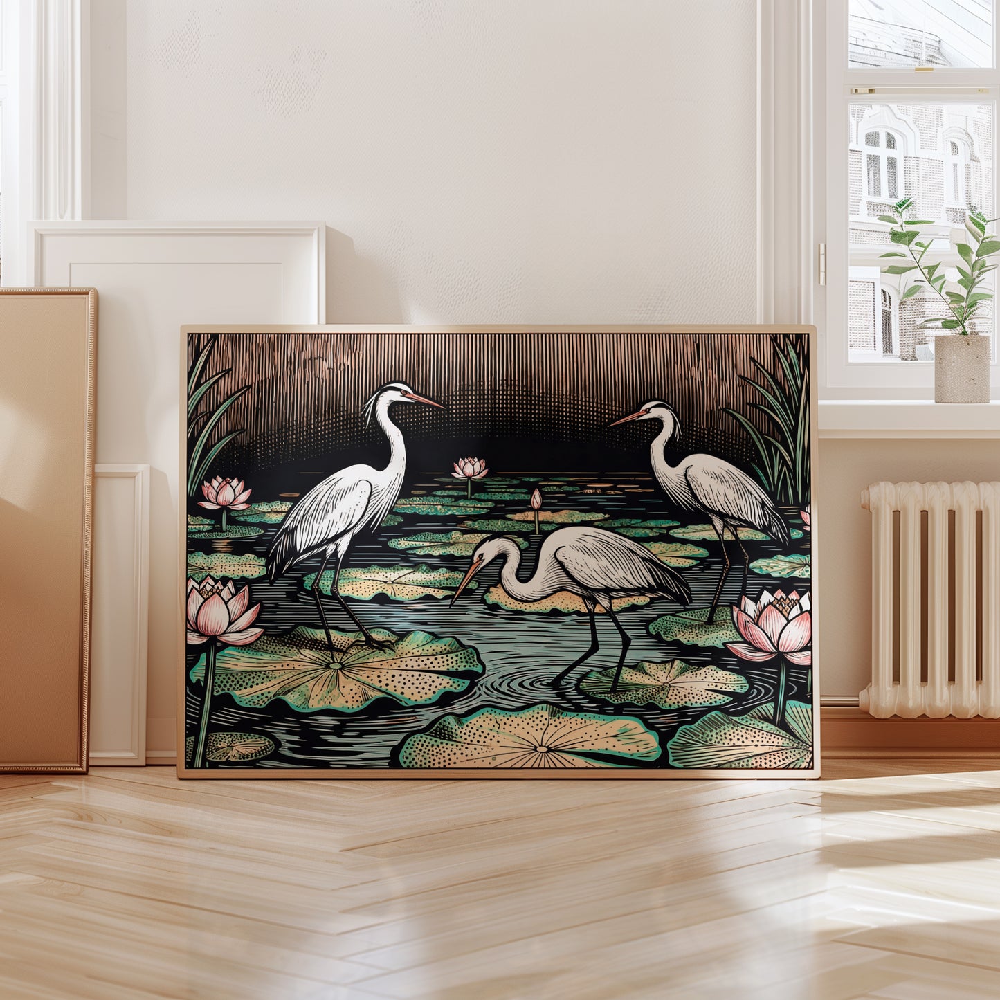 Japanese herons, Zen pond