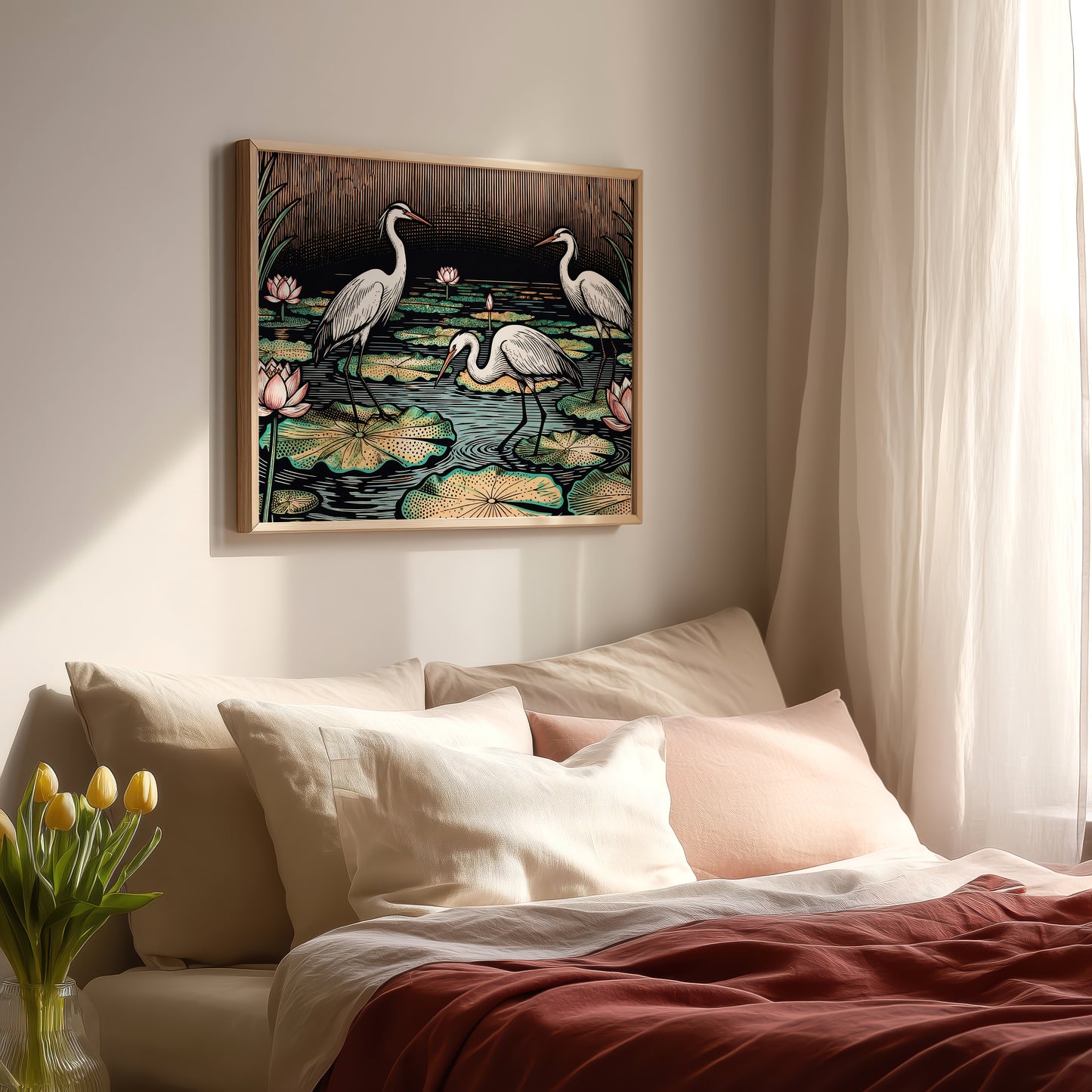 Japanese herons, Zen pond